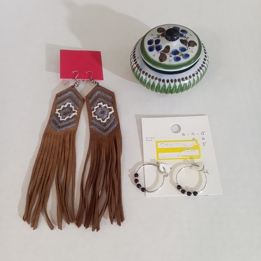 Bohemian Brown and Silver Fringe Earrings, Hoop Earrings, Tonala Trinket Dish